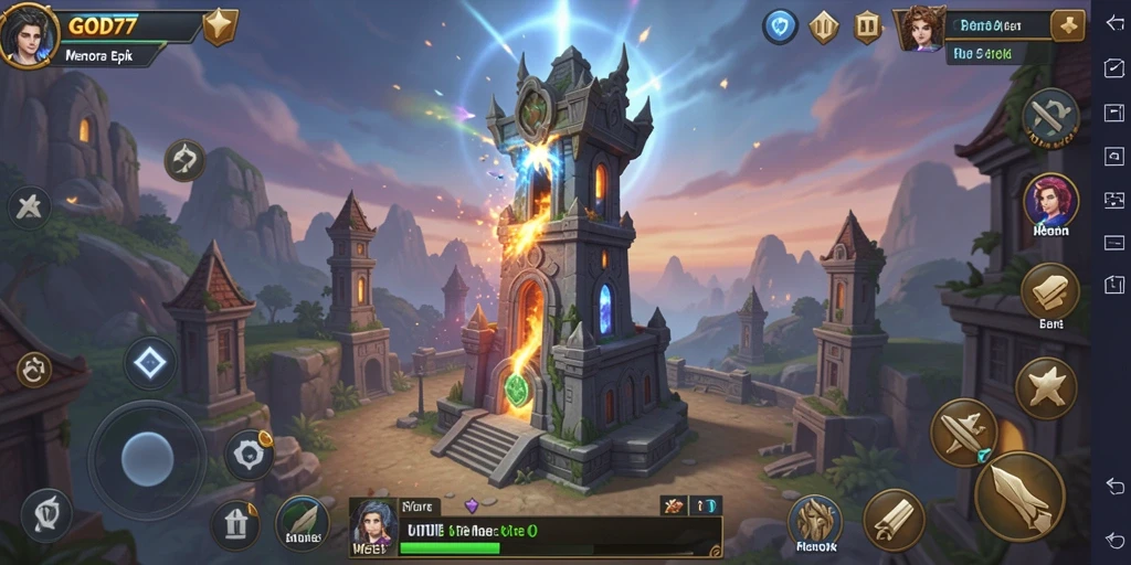 Screenshot gameplay menampilkan aksi menara dalam pertahanan melawan gelombang musuh.
