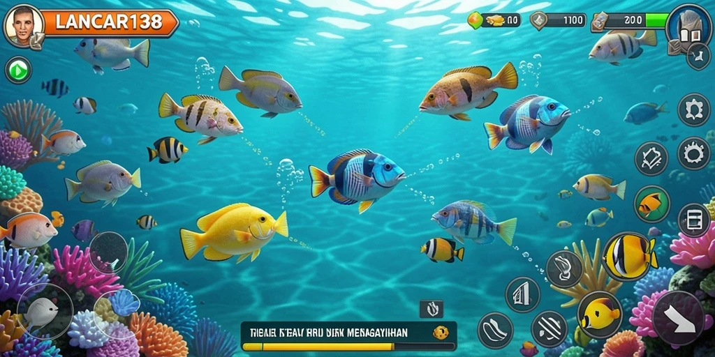 Screenshot menunjukkan gameplay seru di LANCAR138 dengan ikan beragam.