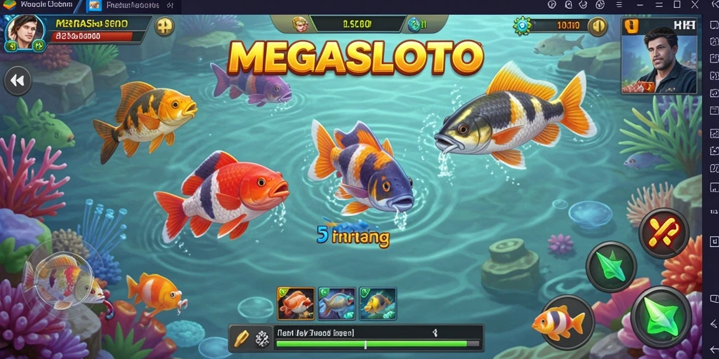 Screenshot gameplay MEGASLOTO menampilkan aksi menangkap ikan yang seru.