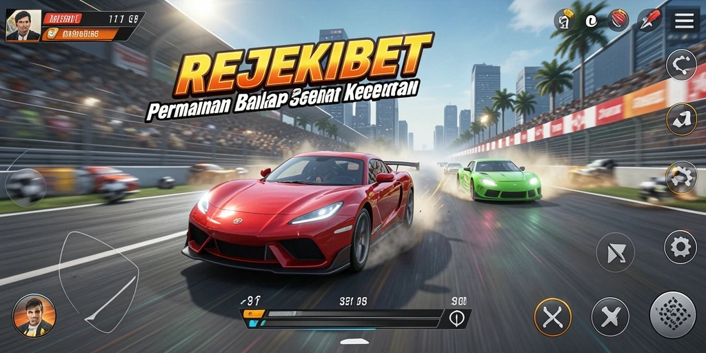 Screenshot utama menampilkan balapan seru dengan mobil yang melaju cepat.