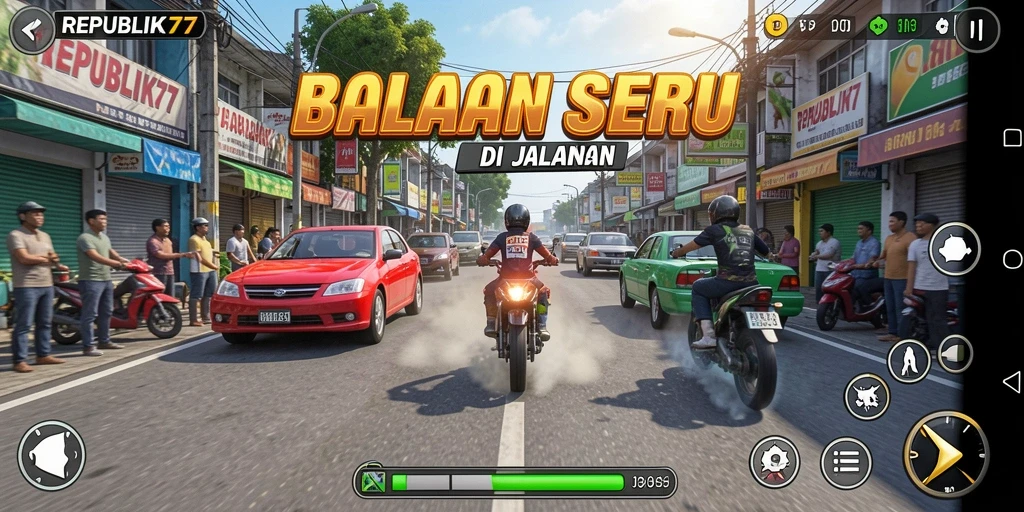 Tampilan gameplay seru di REPUBLIK77 dengan balapan mendebarkan.