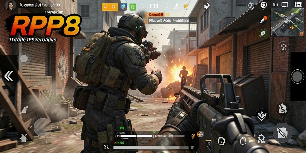 Screenshot utama RP8 menampilkan aksi intens dari gameplay TPS yang mendebarkan.