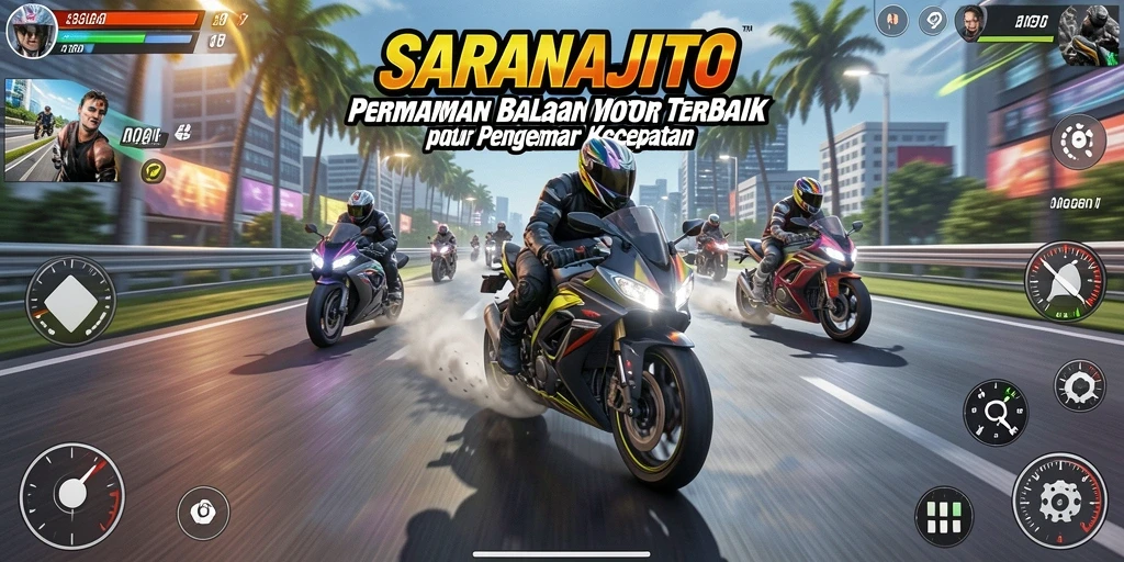 Screenshot gameplay yang menampilkan aksi balapan motor di SARANAJITU.