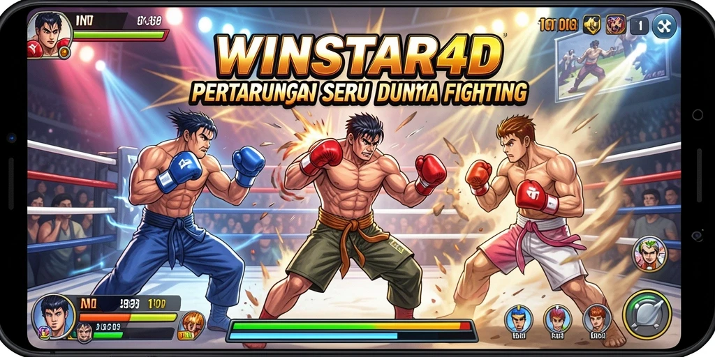Tangkapan layar utama WINSTAR4D menampilkan pertarungan menegangkan antar karakter.